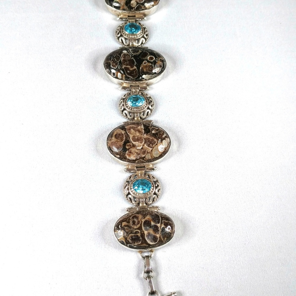 Turritella Agate, Blue Topaz Sterling Bracelet